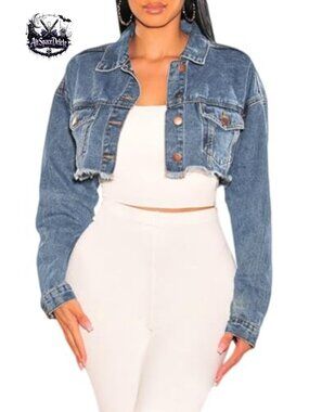Cropped Denim Jacket Womens Long Sleeve Ripped Jean Jacket Button Down
